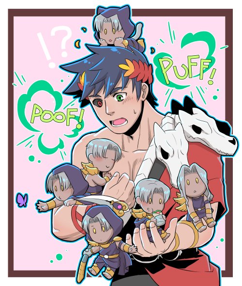 !?, 2boys, :>, alternate_hair_length, alternate_hairstyle, animal_ears, astraea_f, barefoot, black_hair, black_sclera, blush, bug, butterfly, cat_boy, cat_ears, cat_tail, chibi, closed_eyes, colored_sclera, eating, food, greek_clothes, green_eyes, gyro, hades_(game), heterochromia, hood, hood_up, kemonomimi_mode, laurel_crown, long_hair, male_focus, miniboy, multiple_boys, multiple_persona, o3o, open_mouth, red_eyes, scythe, single_bare_shoulder, skull, tail, thanatos_(hades), zagreus_(hades)