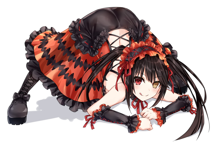 1girl, :q, asle, ass, bangs, black_bow, black_footwear, black_hair