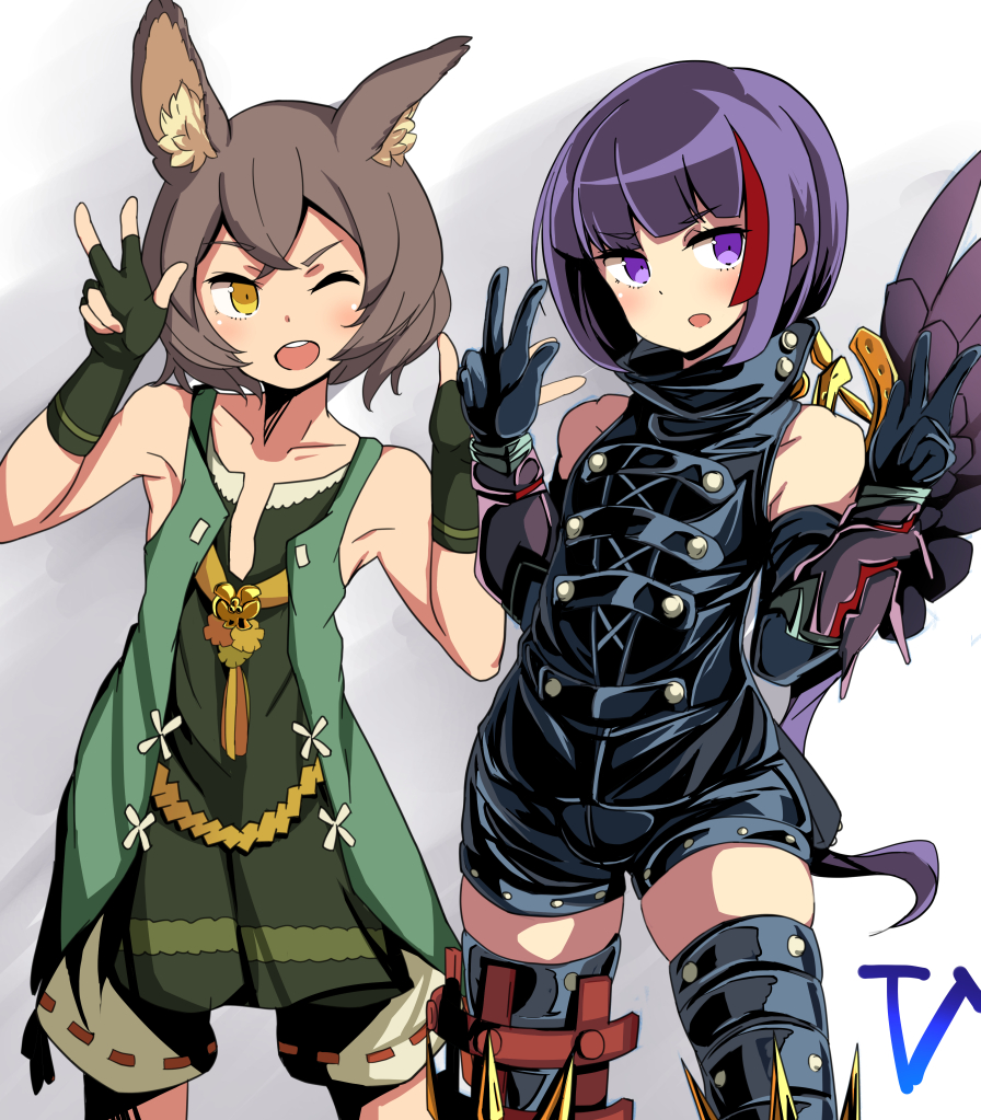 2boys, animal_ears, bare_shoulders, black_legwear, black_shorts, brown_hair, cowboy_shot, double_v, elbow_gloves, gloves, grey_background, multicolored_hair, multiple_boys, one_eye_closed, purple_hair, reaper_(sekaiju), reaper_1_(sekaiju), redhead, sekaiju_no_meikyuu, sekaiju_no_meikyuu_5, short_shorts, shorts, streaked_hair, therian_(sekaiju), therian_1_(sekaiju), thigh-highs, v, violet_eyes, yellow_eyes, zibun_owl