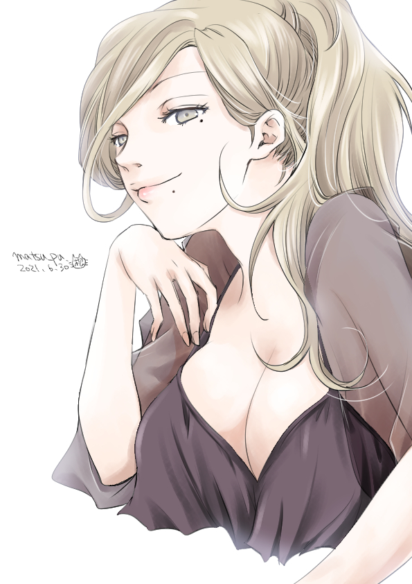 1girl, bikini, black_bikini, blonde_hair, breasts, grey_eyes, hair_between_eyes, kantai_collection, long_hair, matsuura@parao, medium_breasts, mole, mole_under_eye, mole_under_mouth, official_alternate_costume, richelieu_(kancolle), smile, solo, swimsuit