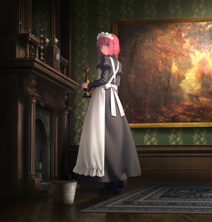 1girl, absurdres, apron, bangs, black_dress, black_footwear, blue_eyes, bob_cut
