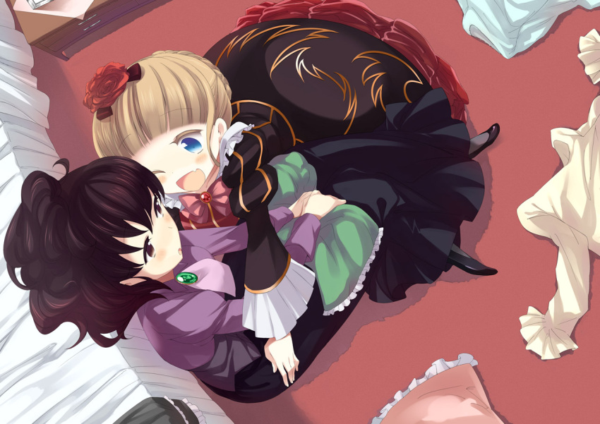 beatrice, blonde_hair, blue_eyes, blush, brown_eyes, brown_hair, dress, from_above