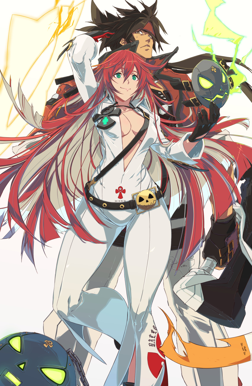 1boy, 1girl, absurdres, ankh, ankh_necklace, aria_(guilty_gear), ball_and_chain_restraint, bangs