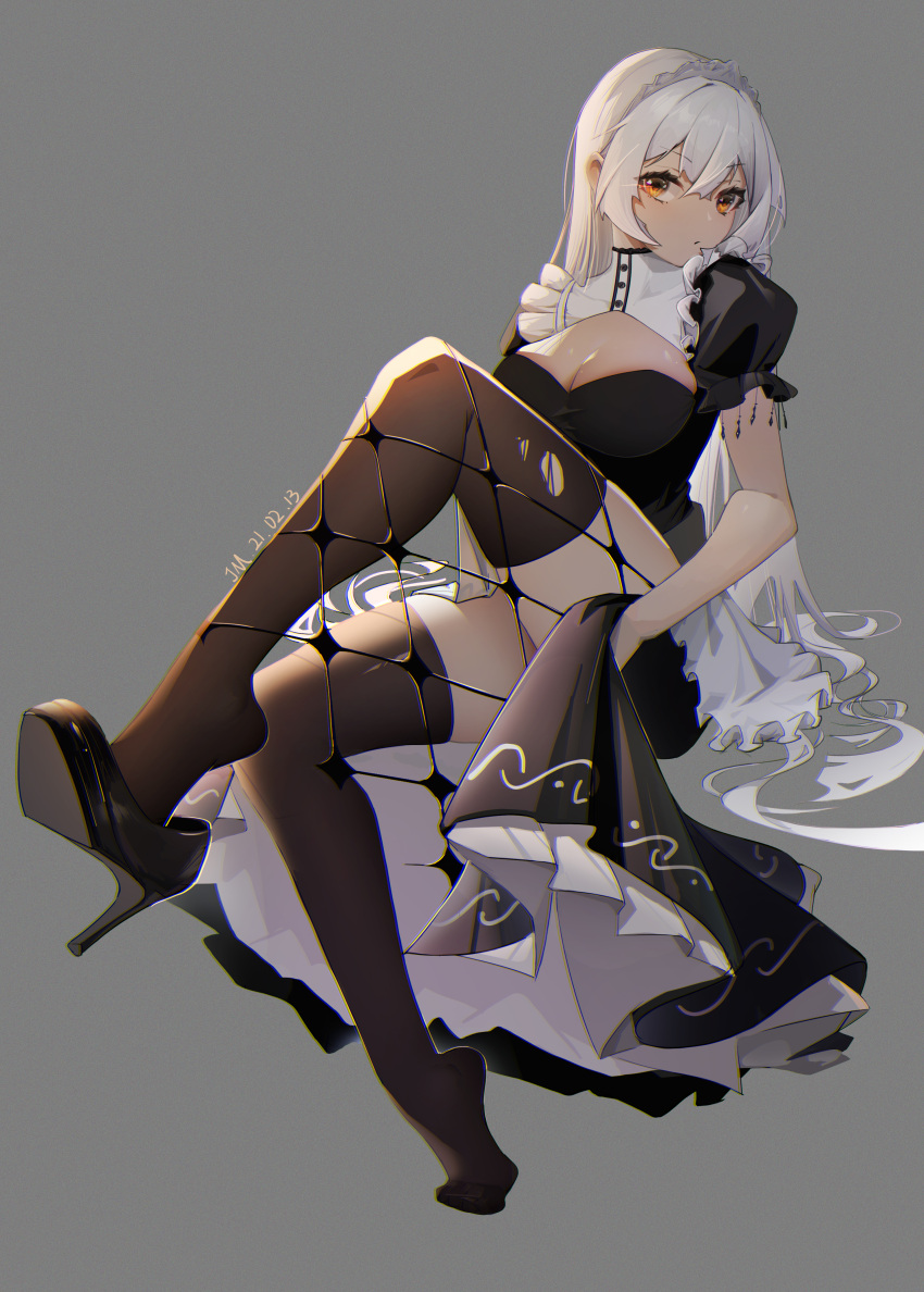 1girl, absurdres, apron, azur_lane, baozoudejuanmaojun, black_dress, black_footwear, brown_legwear