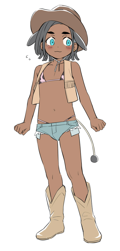 1boy, animal_print, bare_arms, bikini, blush, boots, brown_footwear, brown_headwear