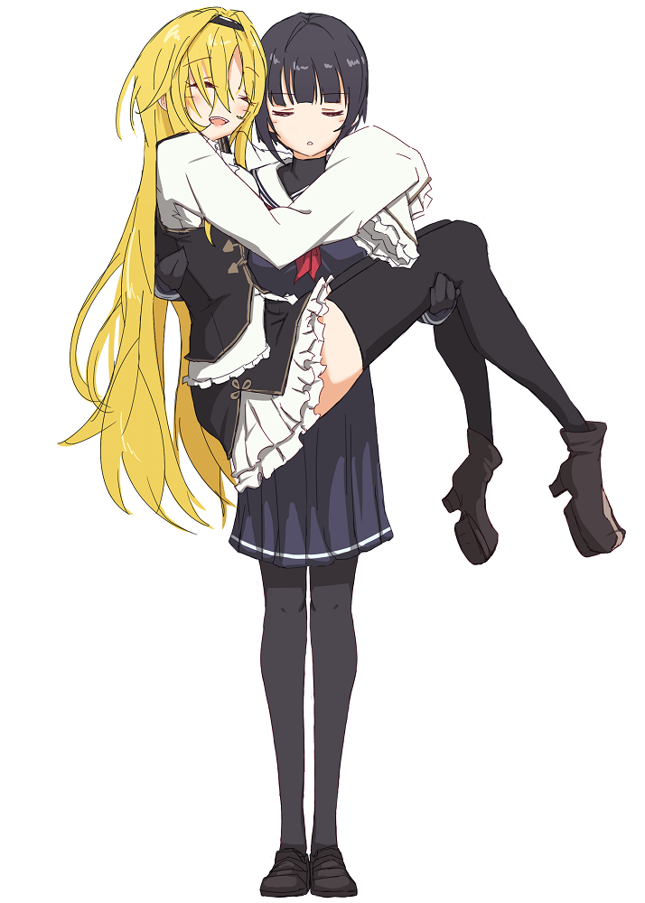 2girls, :d, =_=, bangs, black_footwear, black_gloves, black_hair, black_legwear
