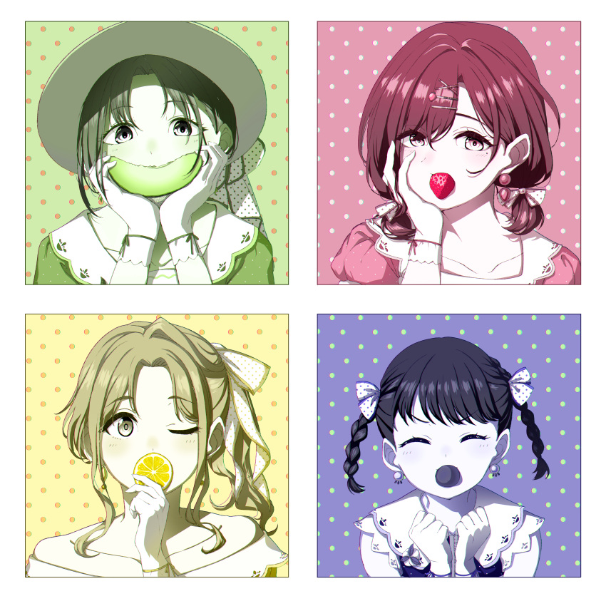 4girls, absurdres, alternate_costume, alternate_hairstyle, asakura_tooru, blush_stickers, border, braid