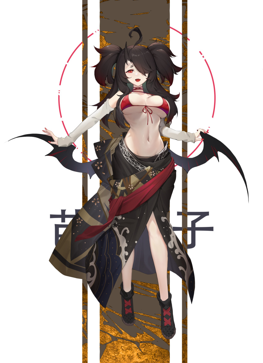 :d, absurdres, ahoge, bangs, bikini, black_footwear, black_hair, breasts, chinese_commentary, choker, commentary_request, copyright_request, detached_sleeves, fang, front-tie_bikini, front-tie_top, full_body, hair_over_one_eye, halter_top, halterneck, highres, horns, large_breasts, lcy_bingzi, long_hair, long_sleeves, looking_at_viewer, low_wings, nail_polish, navel, open_mouth, red_bikini, red_choker, red_eyes, red_nails, sarong, shoes, single_horn, skin_fang, smile, standing, stomach, string_bikini, swimsuit, two_side_up, wings