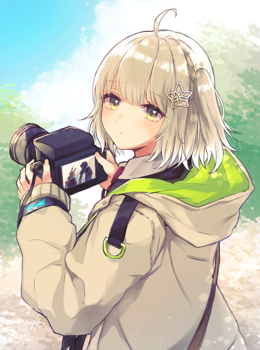1girl, ahoge, amiya_(arknights), arknights, beige_jacket, blonde_hair, camera, commentary