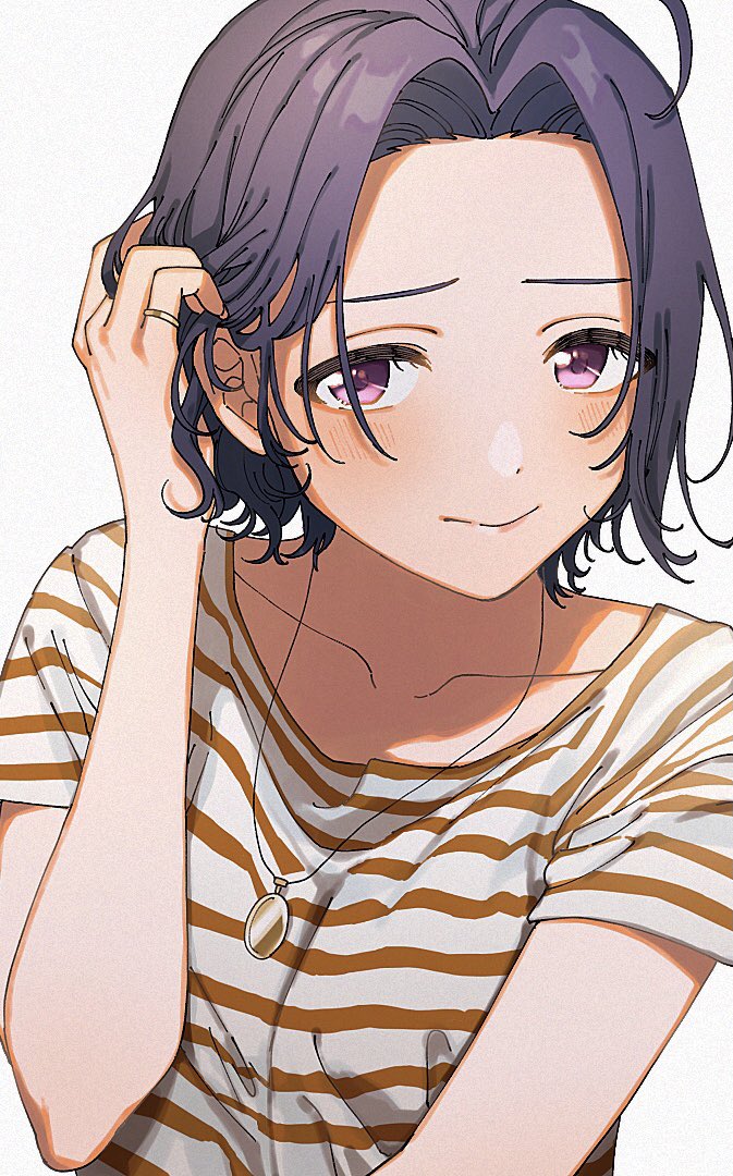 1girl, ahoge, alternate_costume, bangs, blush, blush_stickers, collarbone, dark_blue_hair