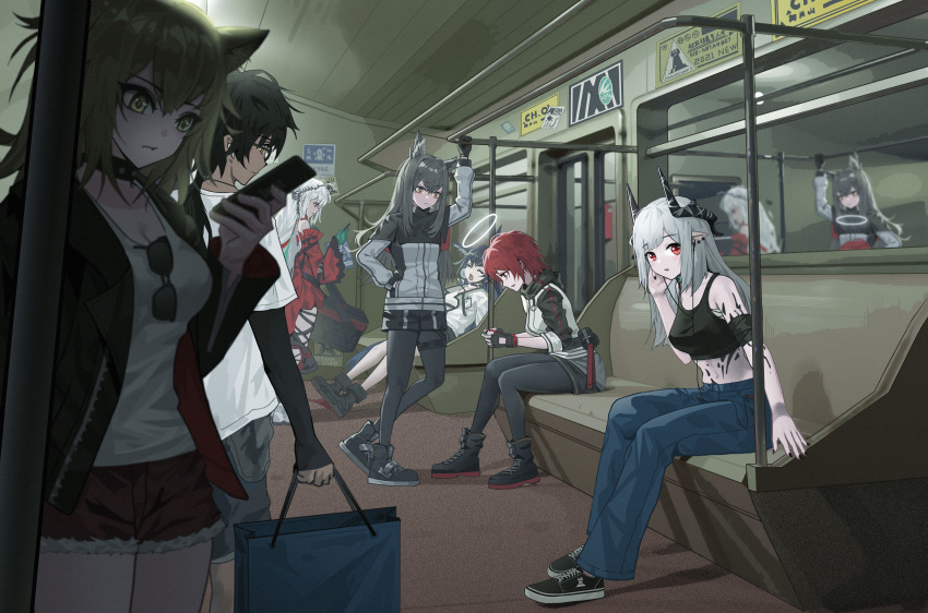 1boy, 6+girls, :o, absurdres, animal_ears, arknights, bag, black_choker
