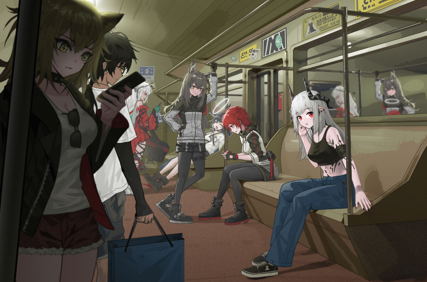 1boy, 6+girls, :o, absurdres, animal_ears, arknights, bag, black_choker