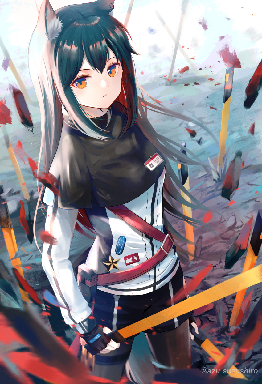 1girl, absurdres, animal_ears, arknights, azuazu_0405, black_hair, black_legwear, black_shorts