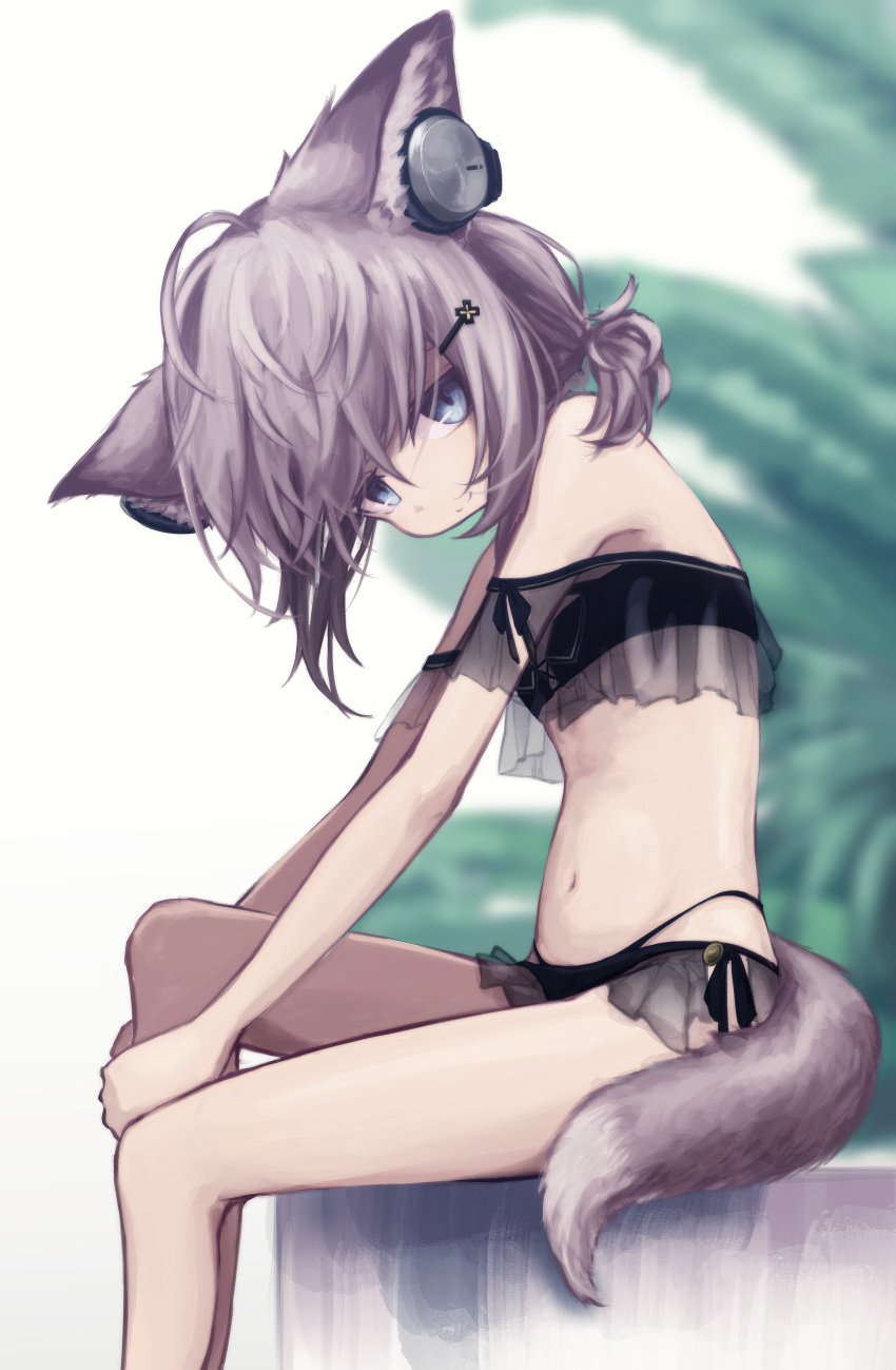 1girl, absurdres, ahoge, animal_ears, arknights, bikini, black_bikini, blue_eyes