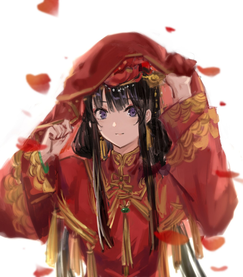 1girl, black_hair, china_dress, chinese_clothes, closed_mouth, dress, earrings, eyebrows_visible_through_hair
