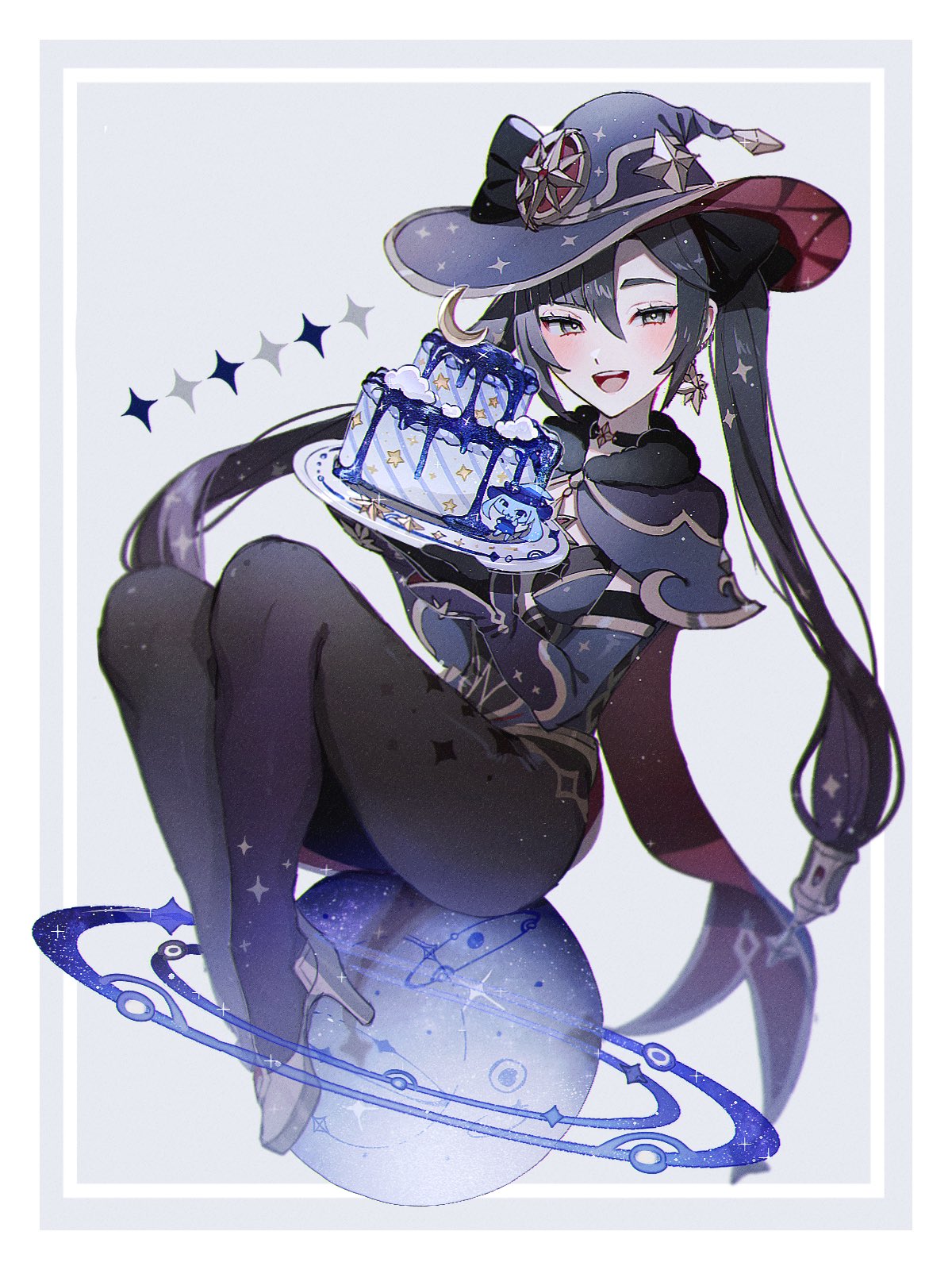 1girl, bangs, black_hair, blush, cake, capelet, choker, commentary_request