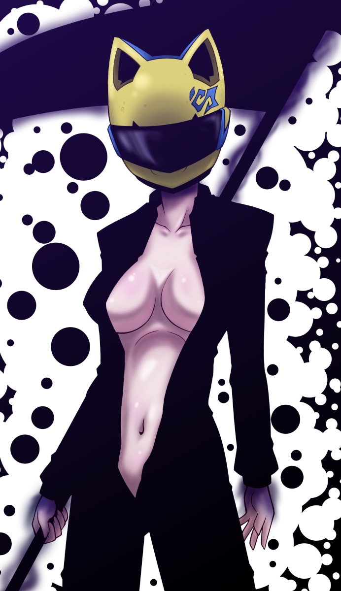 celty_sturluson, durarara!!, gkg666, helmet, highres, motorcycle_helmet, open_clothes, open_shirt, scythe