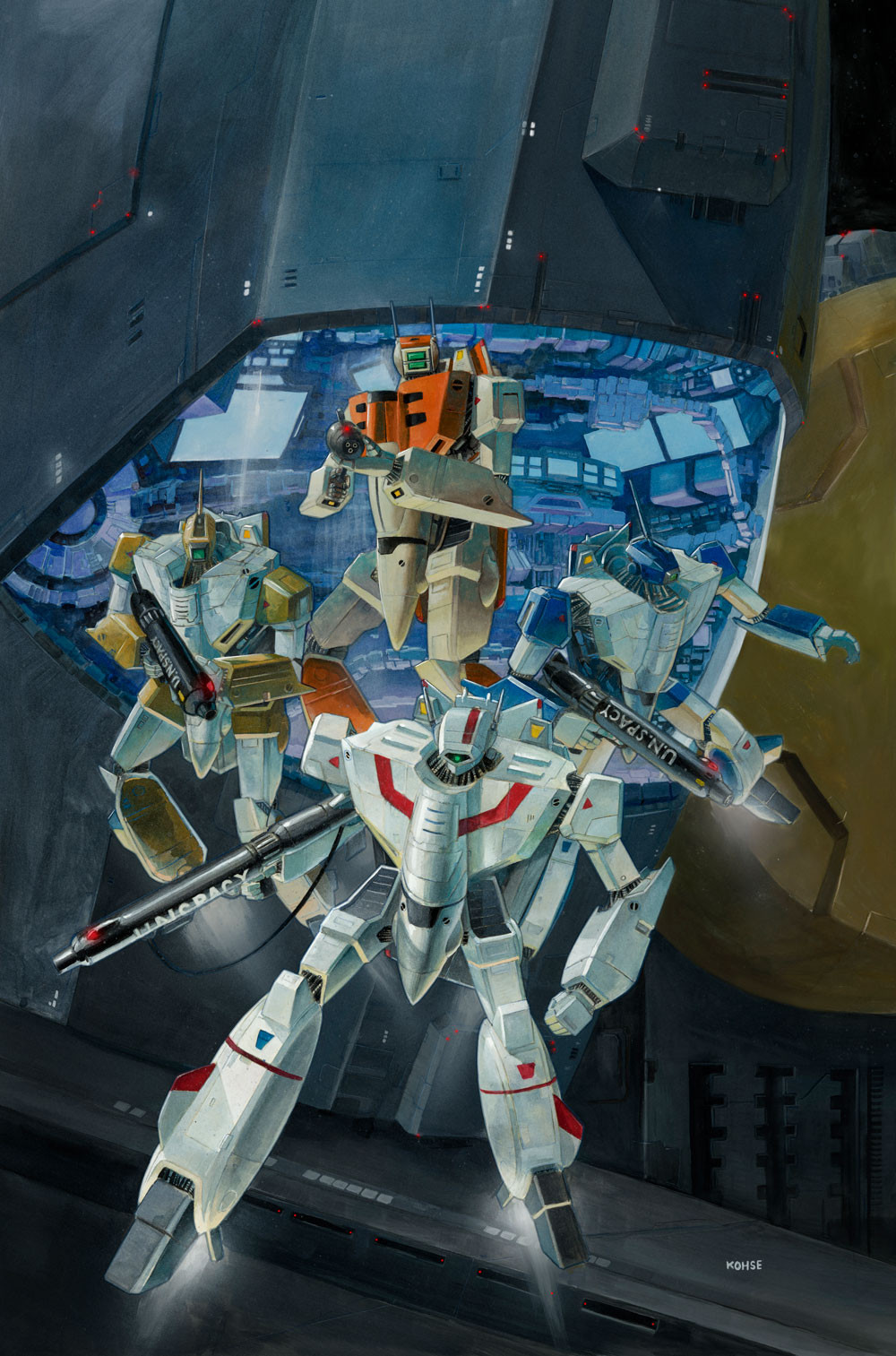aiming, choujikuu_yousai_macross, cover, energy_cannon, english_commentary, fleet, gunpod, highres, leekohse, lights, machinery, macross, magazine_cover, mecha, official_art, painting_(medium), promotional_art, protecting, radar_dish, realistic, retro_artstyle, robotech, roundel, scan, sdf-1, signature, space, space_craft, thrusters, traditional_media, u.n._spacy, variable_fighter, vf-1, vf-1a, vf-1d, vf-1j, vf-1s, zero_gravity