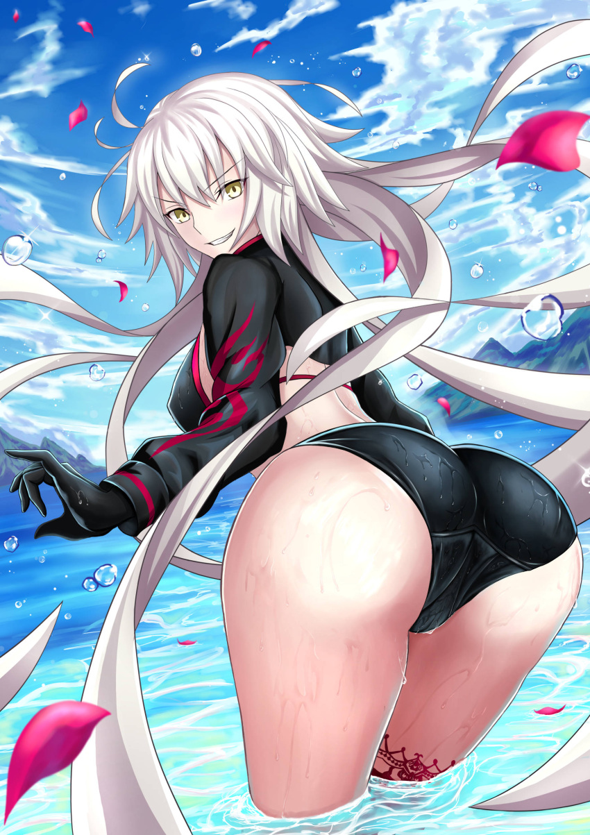 1girl, absurdres, ahoge, ass, back, bent_over, bikini, black_gloves