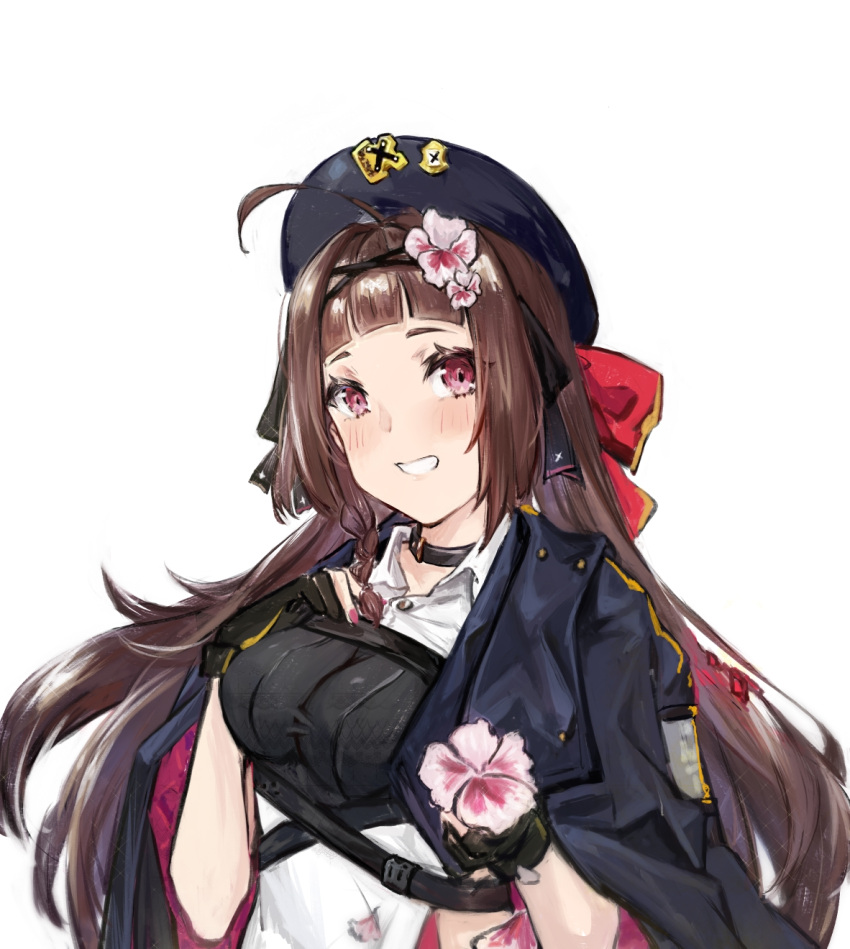 1girl, beret, black_choker, black_gloves, black_ribbon, blue_jacket, blush, bow
