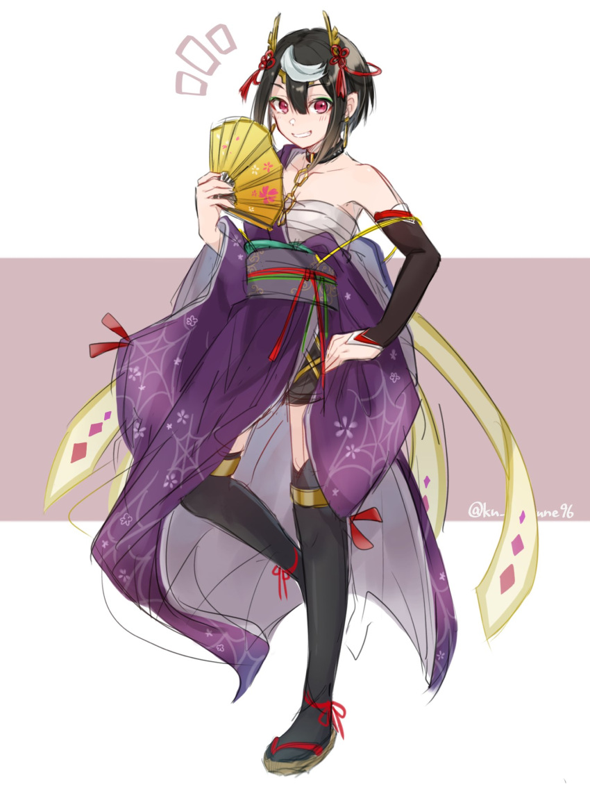 1girl, alternate_costume, ariel_(kumo_desu_ga_nani_ka?), black_hair, black_legwear, blush, commentary_request, fake_horns