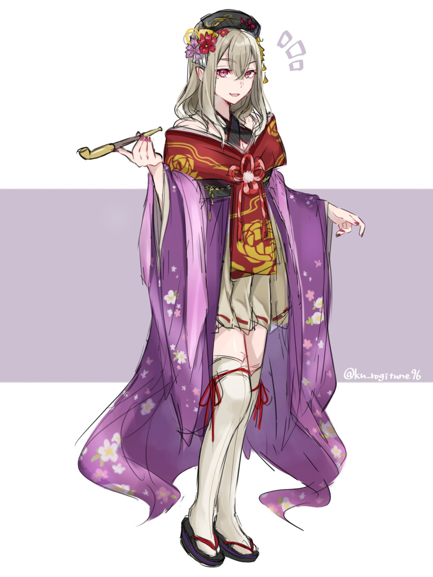 1girl, :d, alternate_costume, black_headwear, commentary_request, flower, grey_hair, hair_between_eyes
