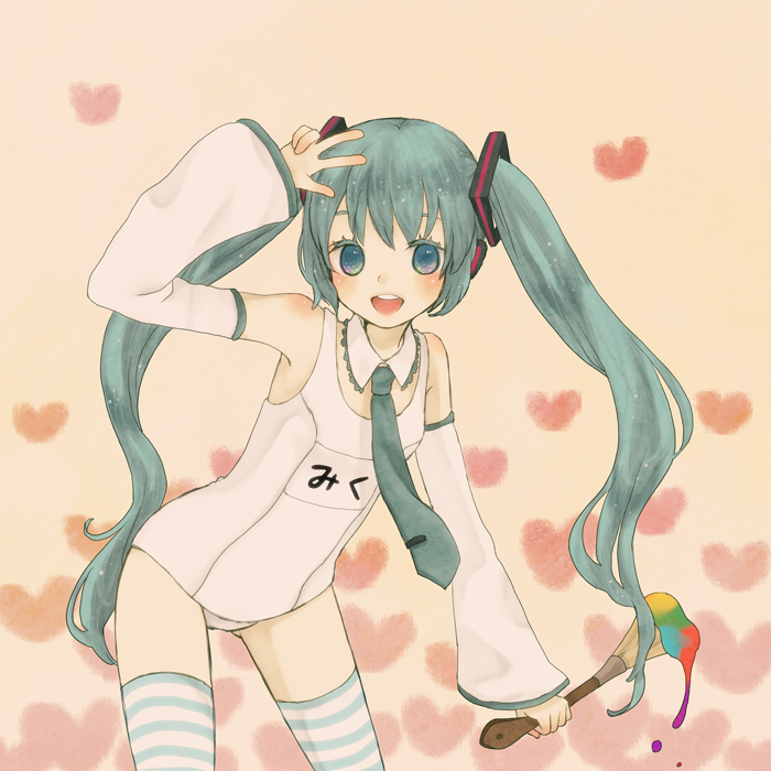 alternate_color, aqua_eyes, aqua_hair, bad_id, detached_sleeves, hatsune_miku, hatsune_miku_no_bousou_(vocaloid), leaning_forward, long_hair, mizutamako, necktie, one-piece_swimsuit, paintbrush, school_swimsuit, smile, solo, striped, striped_legwear, striped_thighhighs, swimsuit, thigh-highs, thighhighs, twintails, v, vocaloid, white_school_swimsuit