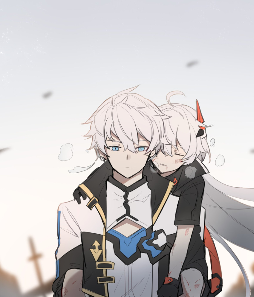 1boy, 1girl, ancestor_and_descendant, antenna_hair, bangs, blue_eyes, bruise, bruise_on_face, closed_eyes, closed_mouth, grey_sky, hair_between_eyes, hair_ornament, hi6hkwjzas5rhot, highres, honkai_(series), honkai_impact_3rd, injury, kevin_kaslana, kiana_kaslana, kiana_kaslana_(void_drifter), long_hair, long_sleeves, looking_down, open_mouth, outdoors, piggy_bank, short_hair, short_sleeves, white_hair