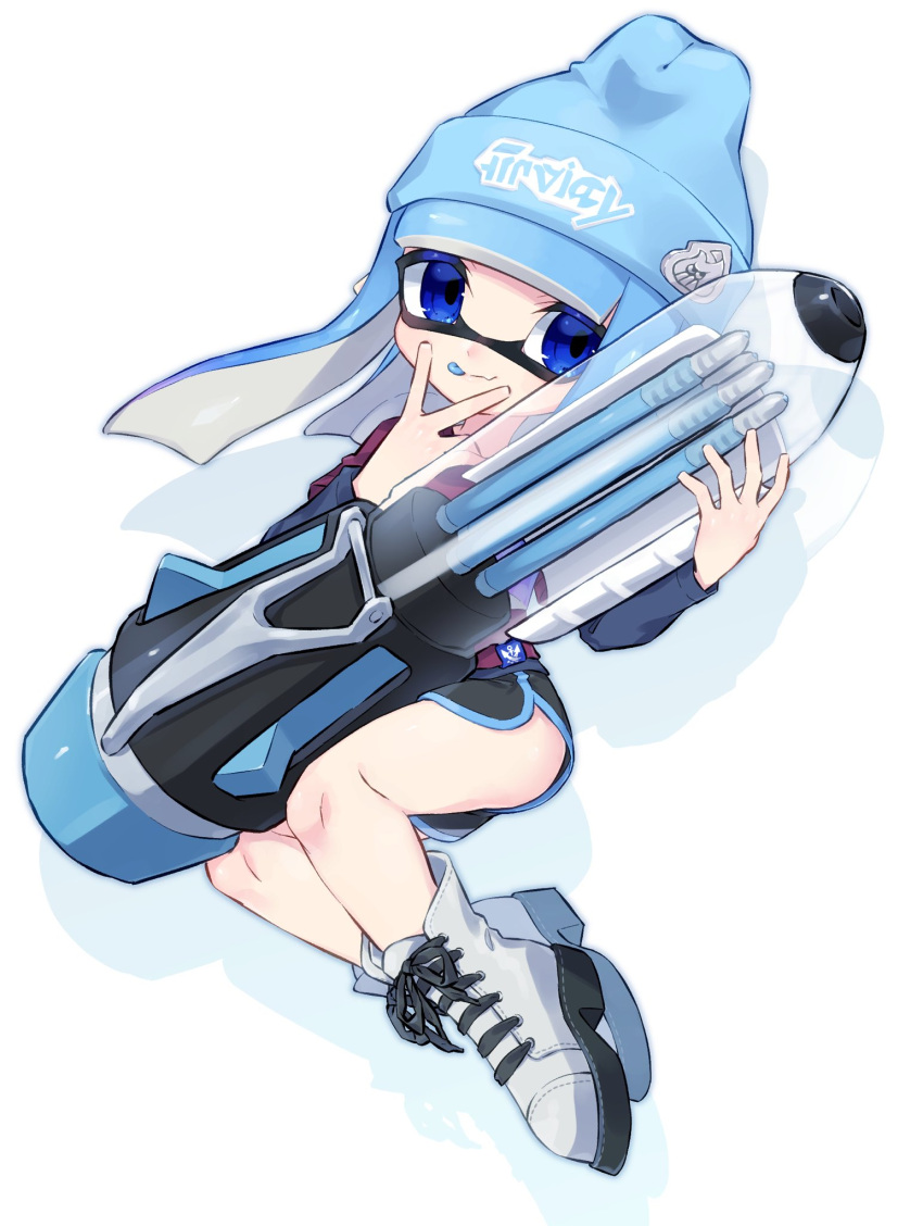 1girl, :p, ballpoint_splatling_(splatoon), bangs, bazumi, beanie, black_shorts, blue_eyes