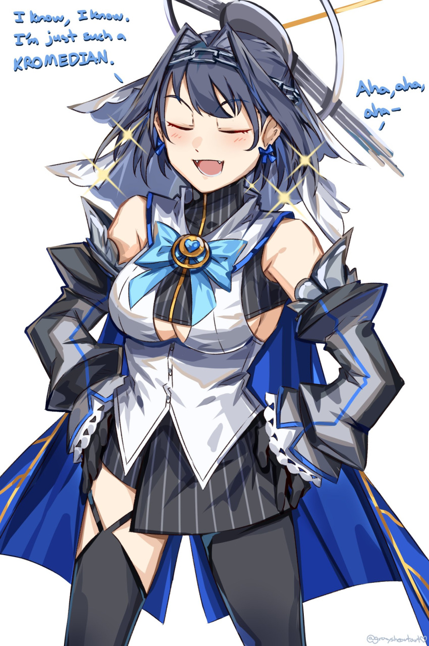 1girl, black_gloves, black_hair, black_skirt, blue_bow, bow, bow_earrings, breasts, closed_eyes, clothing_cutout, detached_sleeves, earrings, english_text, fangs, gloves, graysheartart, hands_on_hips, highres, hololive, hololive_english, jewelry, medium_breasts, ouro_kronii, pun, short_hair, sideboob, single_legging, single_thighhigh, skirt, smile, solo, sparkle, thigh-highs, under_boob, underboob_cutout, virtual_youtuber, white_background