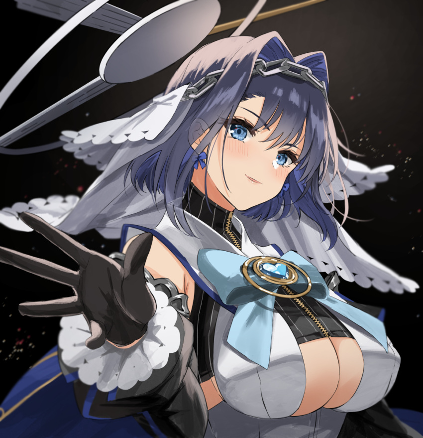 1girl, black_background, black_gloves, blue_bow, blue_cape, blue_eyes, blue_hair, blush