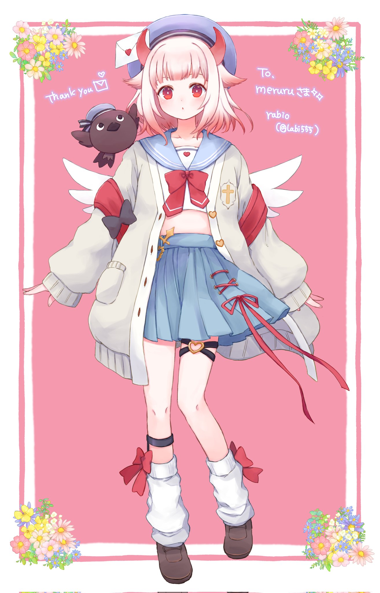 1girl, :o, armband, beret, black_bow, black_eyes, blue_headwear, blue_skirt