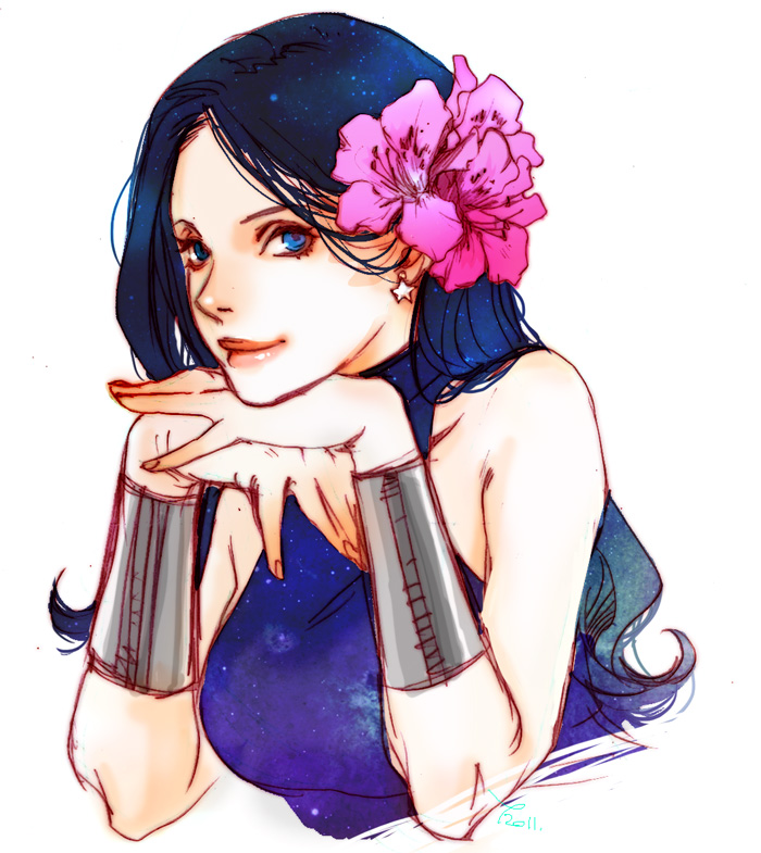 1girl, 89g, artist_name, black_hair, blue_eyes, bracelet, dc_comics, donna_troy, earrings, flower, hair_flower, hair_ornament, jewelry, long_hair, looking_at_viewer, solo, sparkle, teen_titans, white_background