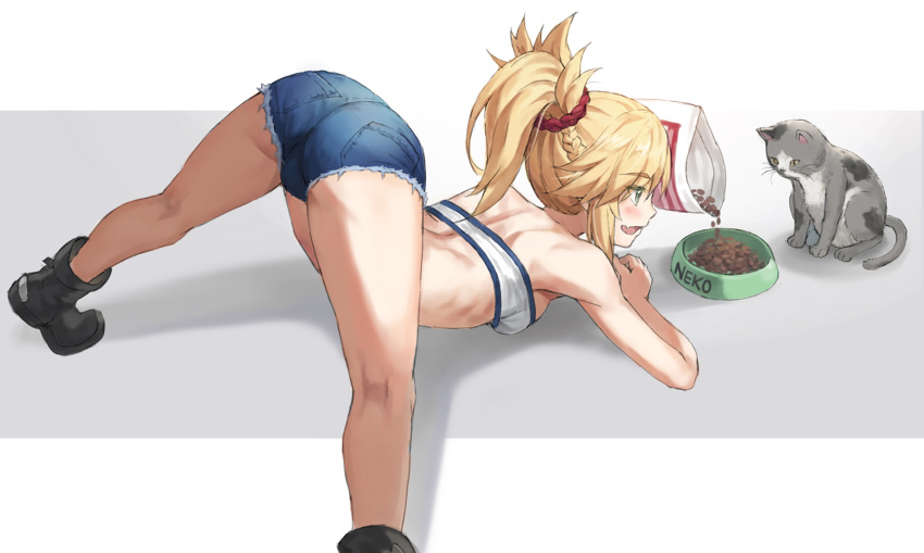 1girl, bangs, bare_shoulders, blonde_hair, bowl, braid, breasts, cat