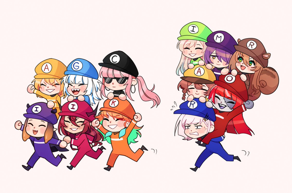 airani_iofifteen, animal_ears, anya_melfissa, ayunda_risu, blue_eyes, brown_hair, carrying, cosplay, gawr_gura, gloves, green_eyes, hat, hololive, hololive_english, hololive_indonesia, irys_(hololive), kureiji_ollie, long_hair, luigi, luigi_(cosplay), mario, mario_(cosplay), super_mario_bros., moona_hoshinova, mori_calliope, multicolored_hair, multiple_girls, ninomae_ina'nis, open_mouth, overalls, pavolia_reine, poluslus, short_hair, silver_hair, sleeping, squirrel_ears, squirrel_girl, squirrel_tail, sunglasses, tail, takanashi_kiara, virtual_youtuber, watson_amelia