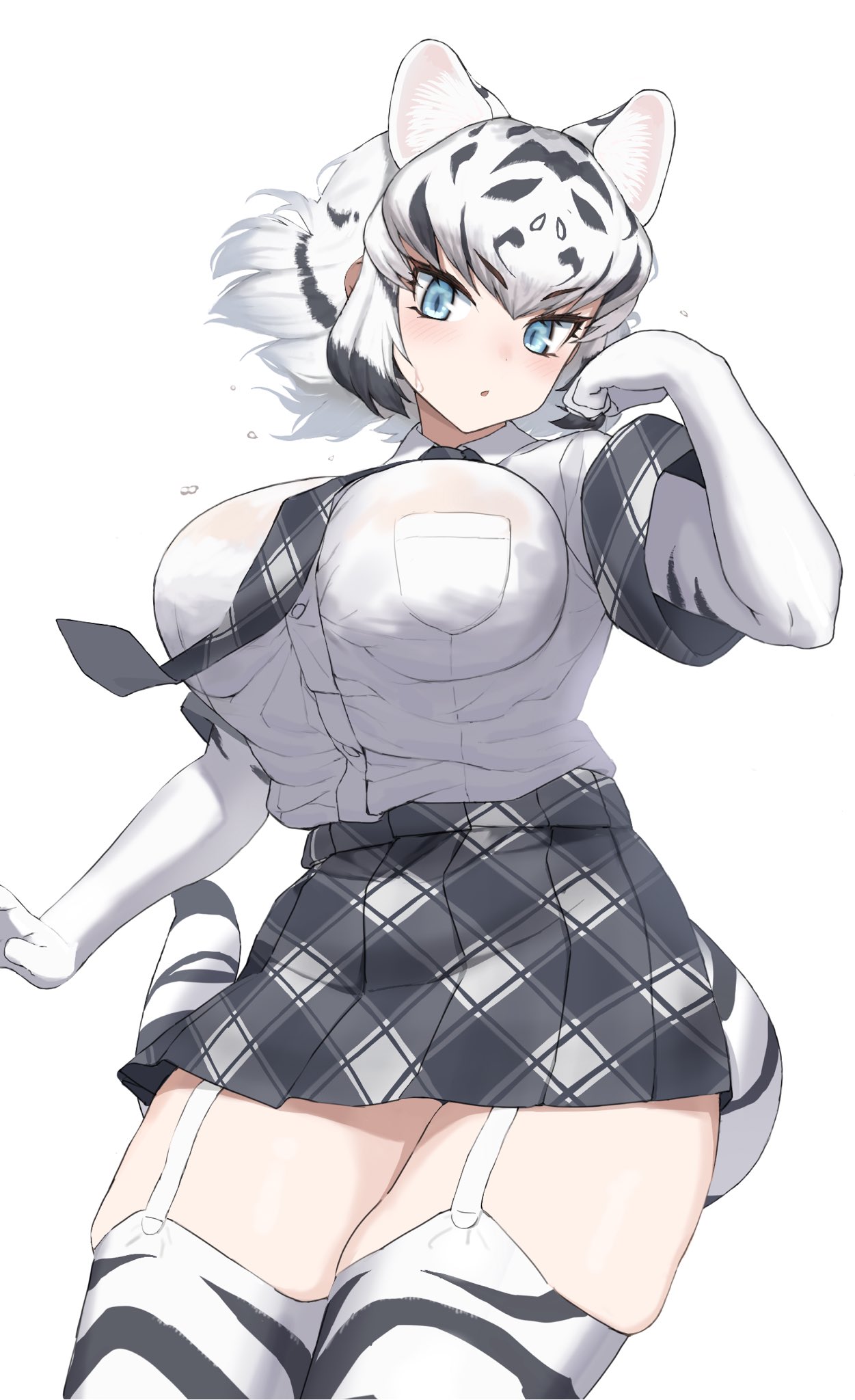 1girl, animal_ears, black_hair, black_legwear, black_neckwear, black_skirt, blue_eyes, cowboy_shot