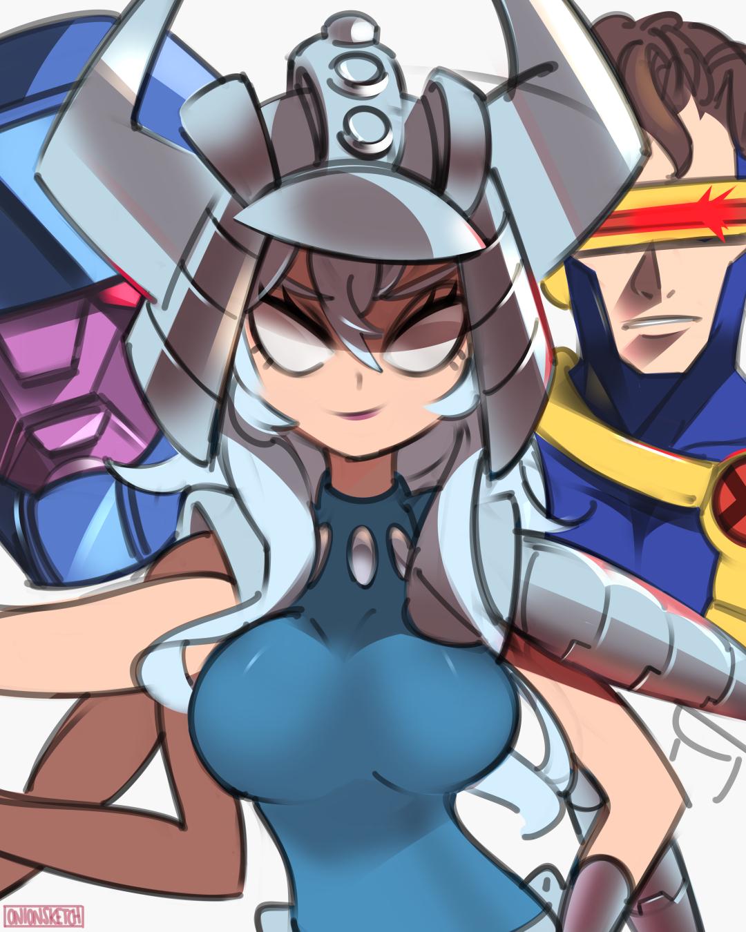 1boy, 1girl, blue_leotard, breasts, brown_hair, cyclops_(x-men), helmet, highres