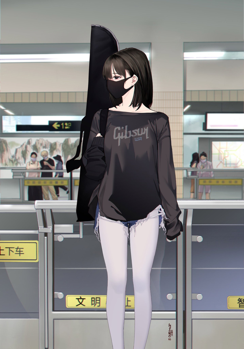 1girl, arm_at_side, black_sweater, brown_eyes, brown_hair, clothes_writing, collarbone, denim