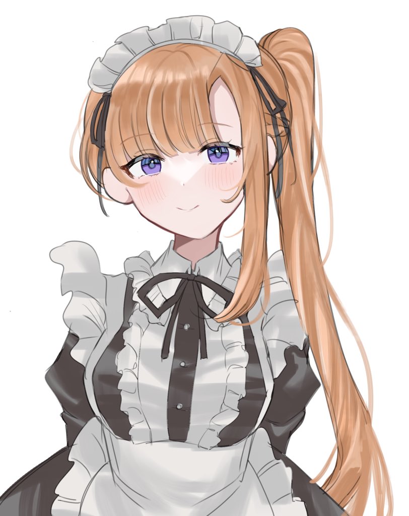 1girl, alternate_costume, apron, arms_behind_back, bow, bowtie, chidouin_sara, eyes_visible_through_hair, hair_ornament, kimi_ga_shine, looking_at_viewer, maid, maid_headdress, orange_hair, ponytail, ribbon, side_ponytail, sidelocks, simple_background, smile, solo_focus, uvxf4w8x8pokn13, violet_eyes, white_background