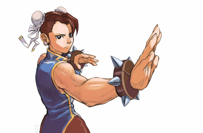 1girl, blue_dress, bracelet, brown_eyes, brown_hair, brown_legwear, bun_cover, china_dress, chinese_clothes, chun-li, cowboy_shot, double_bun, dress, earrings, fighting_stance, highres, jewelry, muscular, muscular_female, owy2clawz, pantyhose, side_slit, simple_background, sleeveless, sleeveless_dress, solo, spiked_bracelet, spikes, street_fighter, white_background