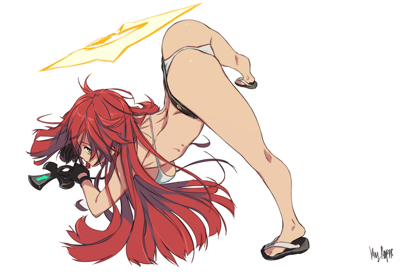 1girl, absurdres, alternate_costume, arm_rest, artist_name, ass, bangs, bikini, blue_eyes, broken_halo, flexible, full_body, gloves, guilty_gear, guilty_gear_strive, hair_between_eyes, halo, hands_on_ground, highres, jack-o'_challenge, jack-o'_valentine, king_rooper, long_hair, looking_at_viewer, meme, multicolored_hair, pose, redhead, sandals, simple_background, solo, spread_legs, stretch, studded_bikini, swimsuit, top-down_bottom-up, two-tone_hair, white_background, white_bikini, white_hair, wide_spread_legs