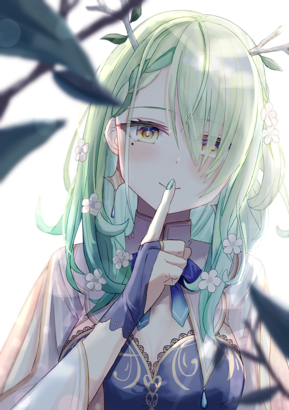 1girl, antlers, asymmetrical_bangs, bangs, blue_handwear, blue_ribbon, braid, braided_bangs, branch, ceres_fauna, enokitake, finger_to_mouth, flower, gradient_hair, green_hair, green_nails, hair_flower, hair_ornament, hair_over_one_eye, holocouncil, hololive, hololive_english, jewelry, leaf, looking_at_viewer, mole, mole_under_eye, multicolored_hair, ribbon, shushing, smile, solo, virtual_youtuber, yellow_eyes