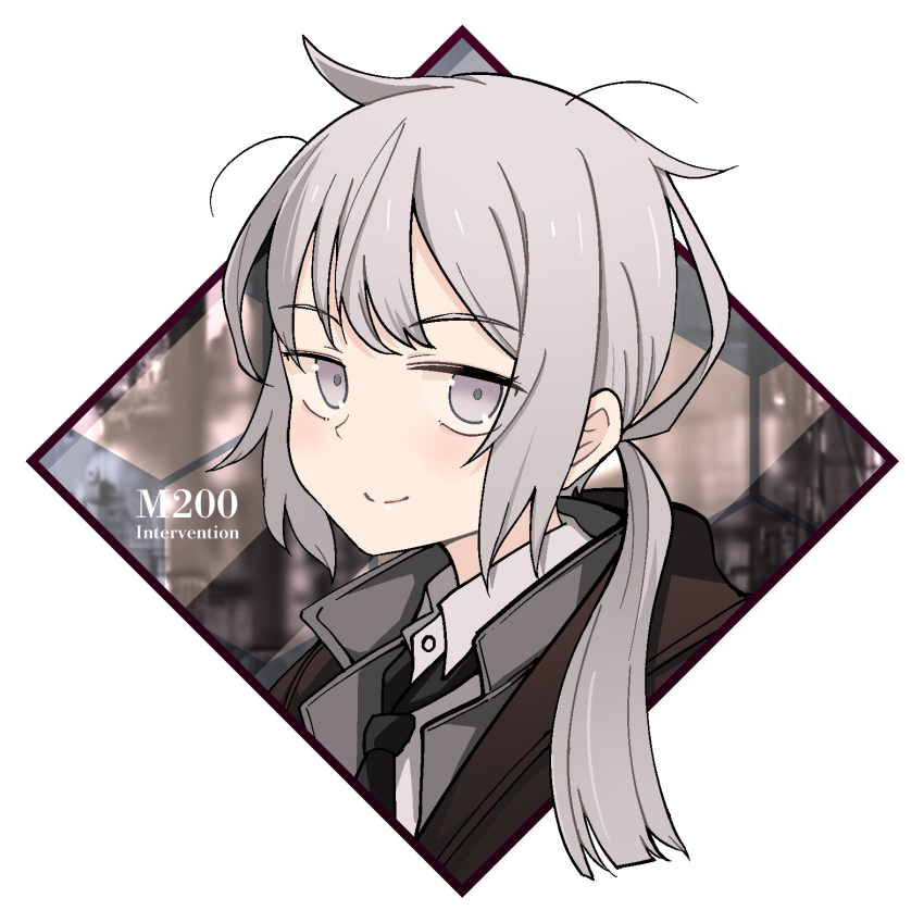 1girl, antenna_hair, bangs, black_neckwear, border, brown_hair, brown_jacket, closed_mouth