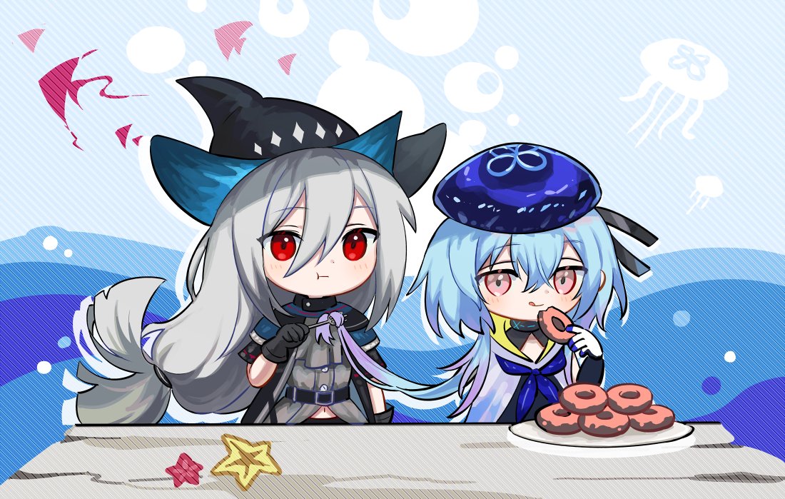 1boy, 1girl, :3, :q, arknights, ascot, belt, black_belt, black_gloves, black_headwear, blue_hair, blue_headwear, blue_sailor_collar, chibi, commentary, doughnut, eating, english_commentary, food, fork, gloves, gradient_hair, grey_neckwear, grey_shirt, hair_between_eyes, holding, holding_food, holding_fork, imminent_cannibalism, long_hair, looking_at_viewer, low-tied_long_hair, low_ponytail, midriff_peek, mizuki_(arknights), multicolored_hair, navel, pink_eyes, plate, purple_hair, red_eyes, sailor_collar, shirt, skadi_(arknights), spacelongcat, starfish, tongue, tongue_out, upper_body, very_long_hair, white_gloves