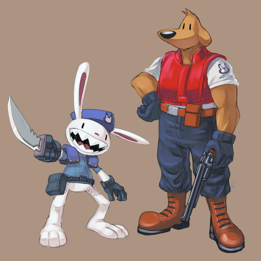 2boys, :d, black_gloves, dog_boy, english_commentary, full_body, gloves, gun, highres, holding, holding_gun, holding_knife, holding_weapon, knife, max_(sam_&amp;_max), multiple_boys, open_mouth, owy2clawz, rabbit_boy, resident_evil, sam_(sam_and_max), sam_and_max, sharp_teeth, simple_background, smile, standing, tan_background, teeth, weapon