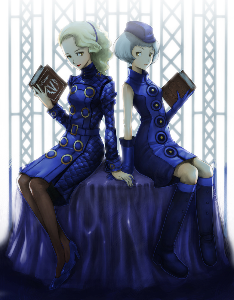 book, boots, boyaking, elizabeth, elizabeth_(persona), high_heels, margaret, multiple_girls
