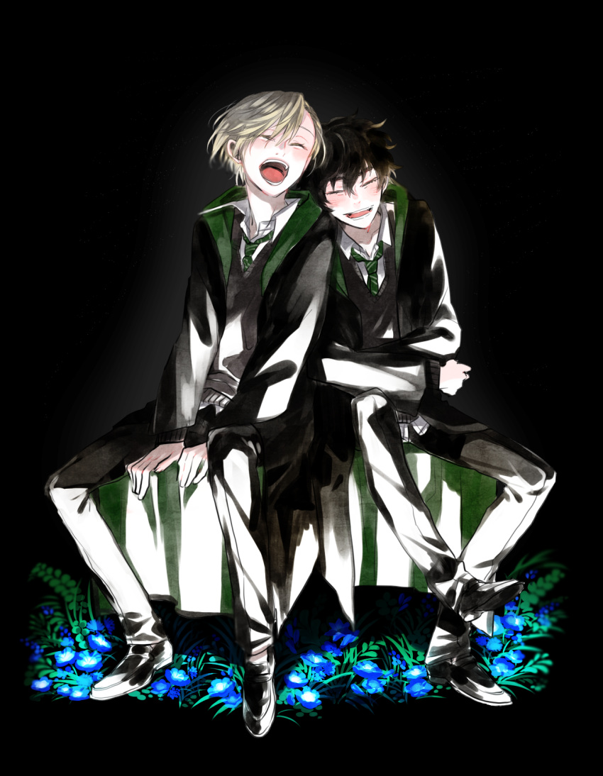 2boys, albus_severus_potter, black_background, black_hair, black_robe, blonde_hair, childlock, closed_eyes