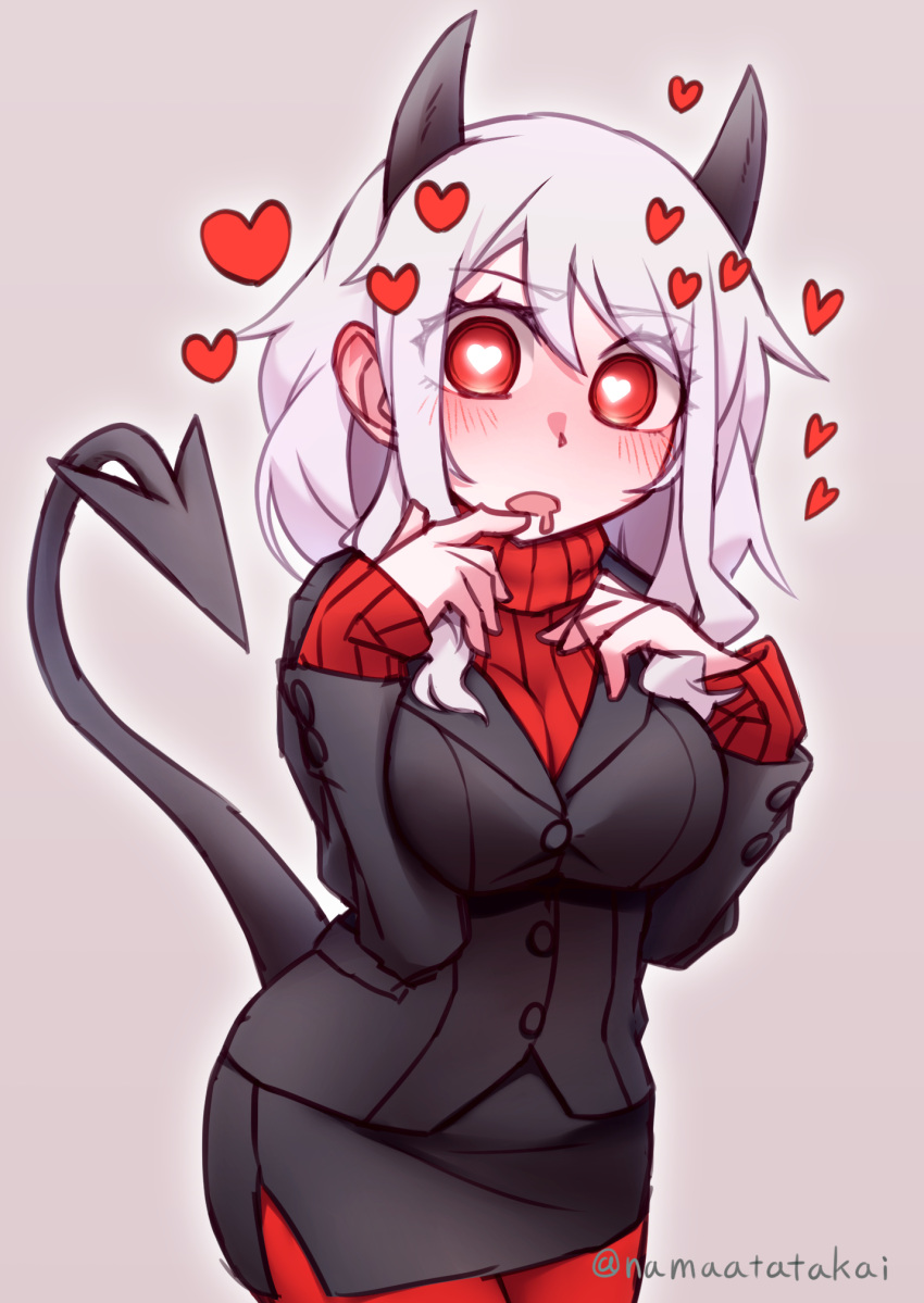 1girl, bangs, black_jacket, black_skirt, black_suit, blush, breasts, demon_girl, demon_horns, demon_tail, eyelashes, formal, grey_background, hair_between_eyes, heart, heart-shaped_pupils, helltaker, highres, horns, jacket, large_breasts, medium_hair, modeus_(helltaker), namaata, open_mouth, pencil_skirt, red_eyes, red_legwear, red_sweater, ribbed_sweater, sidelocks, simple_background, skirt, solo, suit, sweater, symbol-shaped_pupils, tail, turtleneck, turtleneck_sweater, twitter_username, white_hair