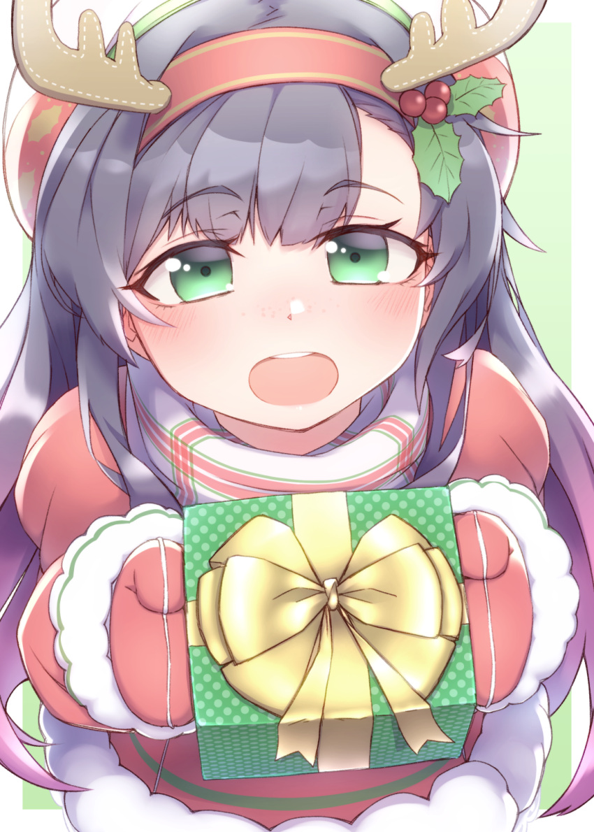 1girl, bangs, black_hair, blush, box, dress, eyebrows_visible_through_hair, fake_antlers