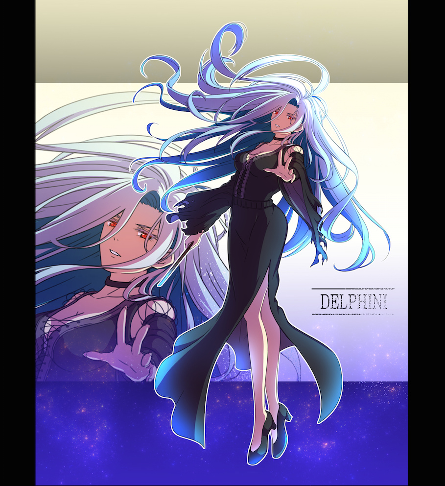 1girl, black_dress, character_name, choker, delphini, dress, harry_potter, harry_potter:_the_cursed_child, kapirusu, long_hair, outstretched_arm, red_eyes, silver_hair, solo, zoom_layer